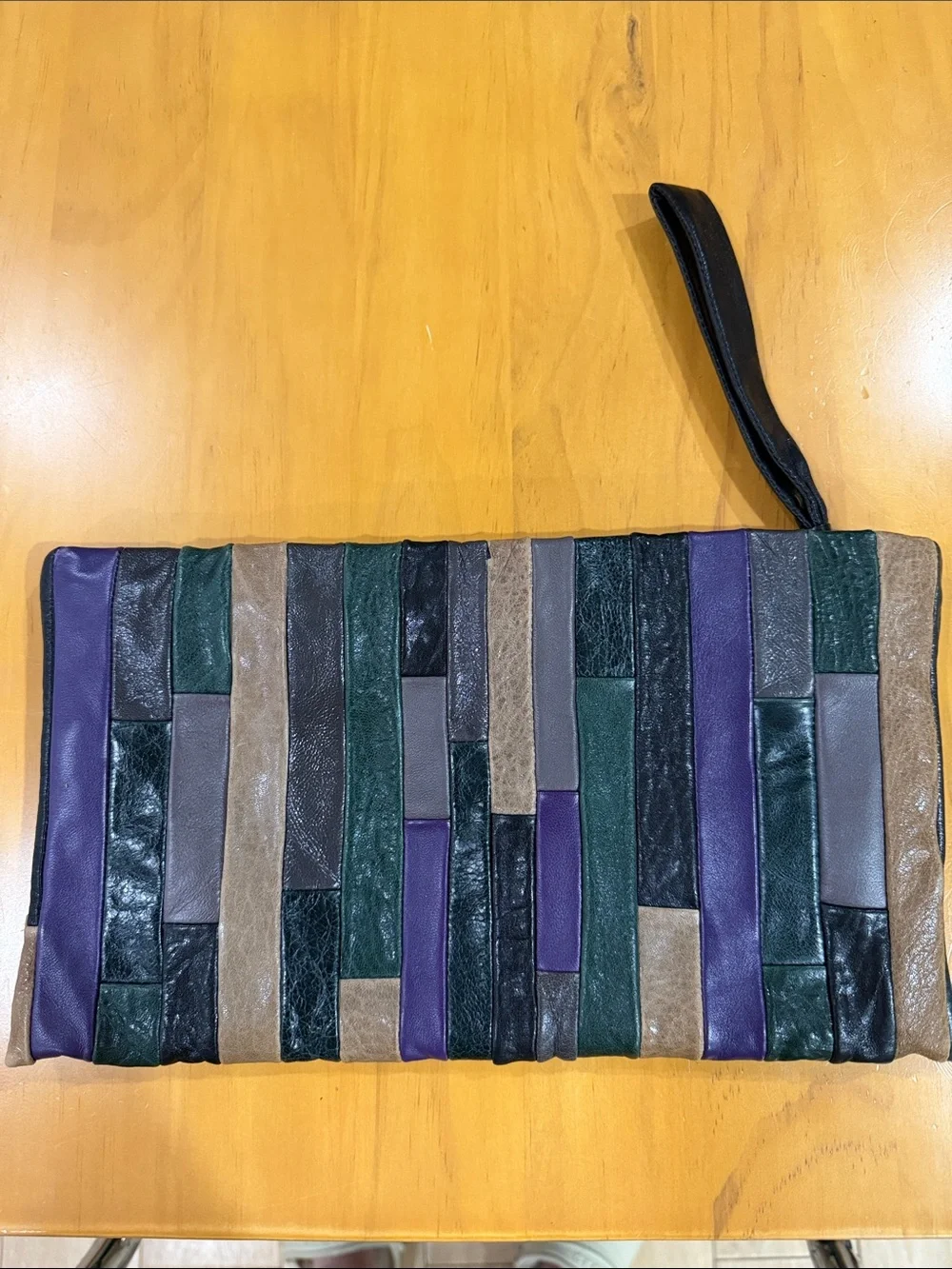 Miu Miu Patchwork Leather Wristlet in Green, Purple, Tan, Black & Gray